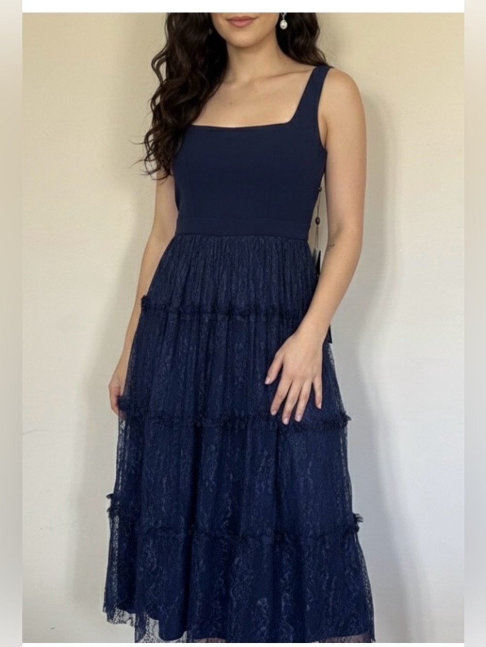 NWT size 10 Adrianna Papell Crepe & Tiered Lace Midi Dress in Navy